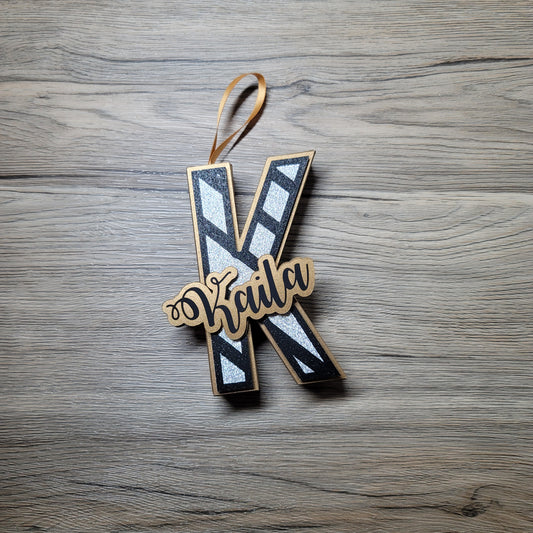 3D Letter Ornament - Gold Letter with Black and Silver Stripes